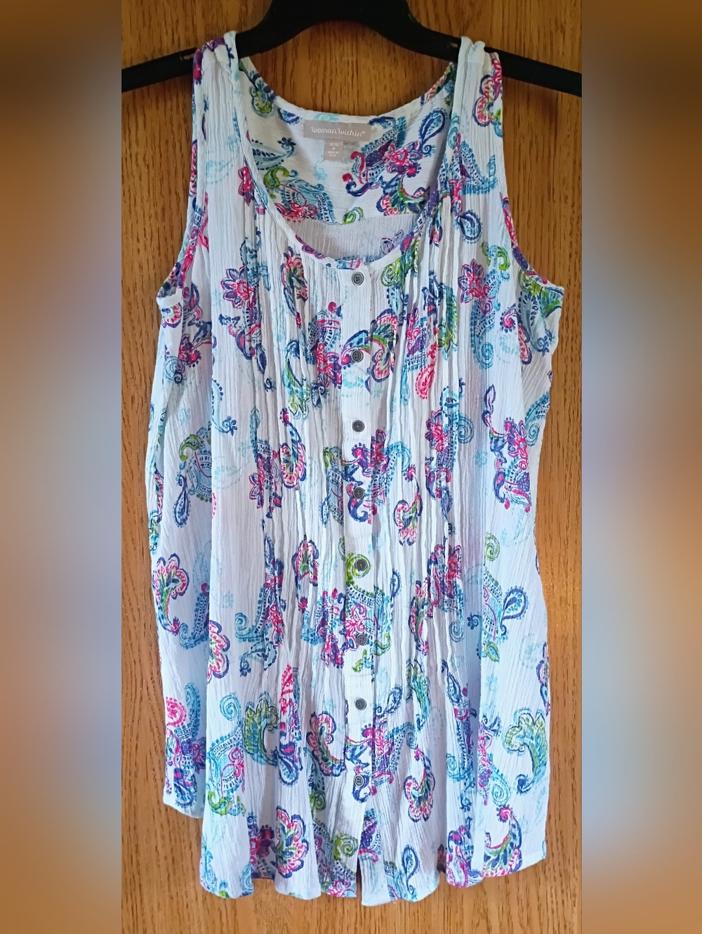Woman Within White Paisley Button-Front Camisole with Pink Blue Green Accents
